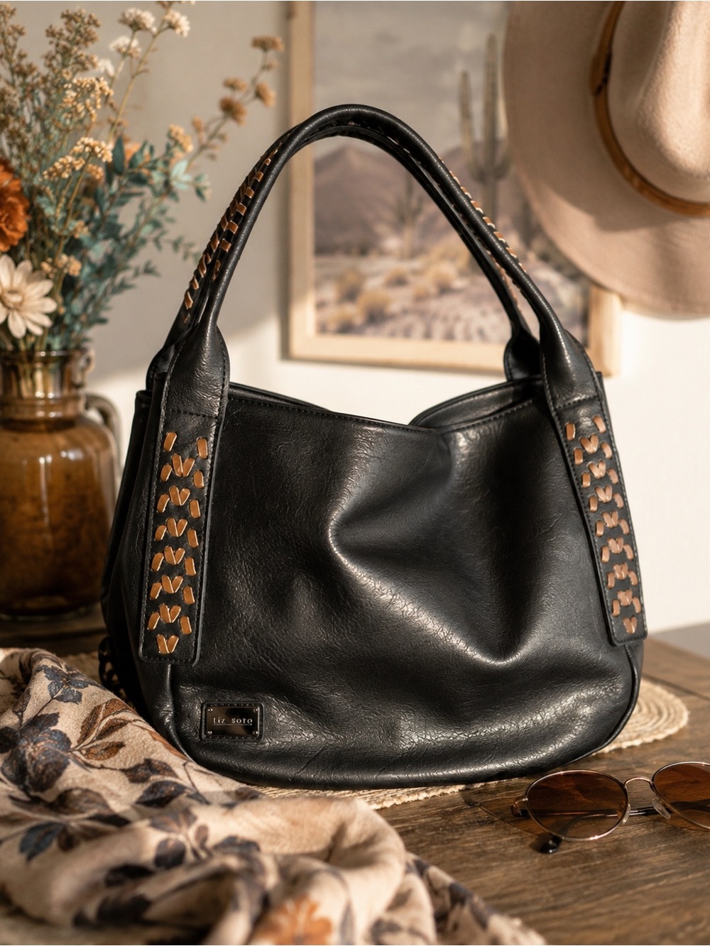 Liz Soto Black Vegan Leather Hobo Bag Brown Whipstitch Boho Y2K Shoulder Purse
